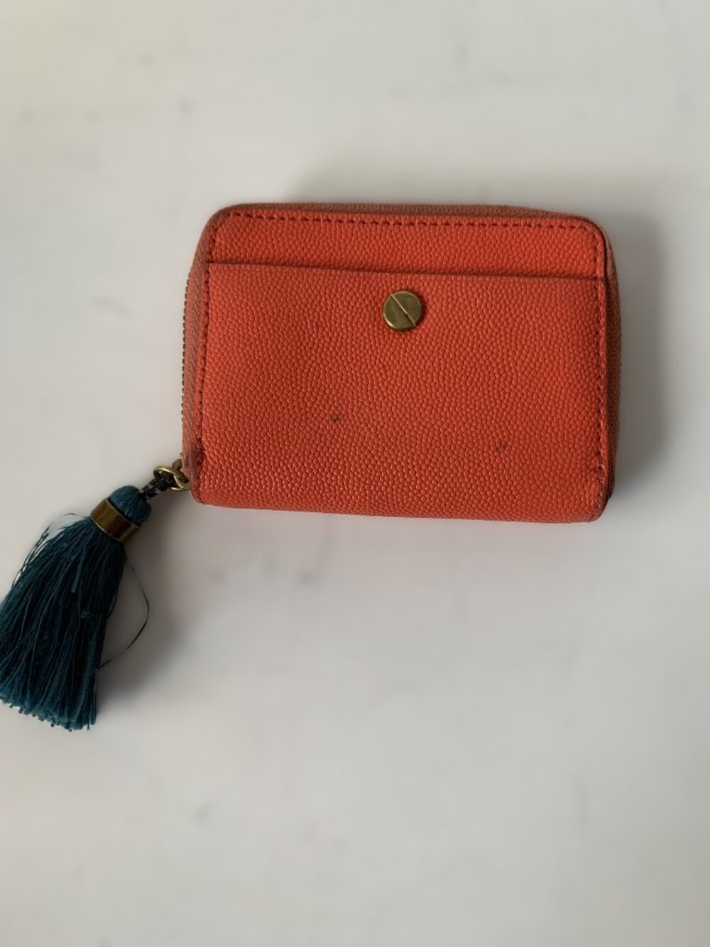 J. CREW SMALL RED WALLET STRUCTURED PEBBLED LEATHER  ZIP CLOSURE CORAL COLOR